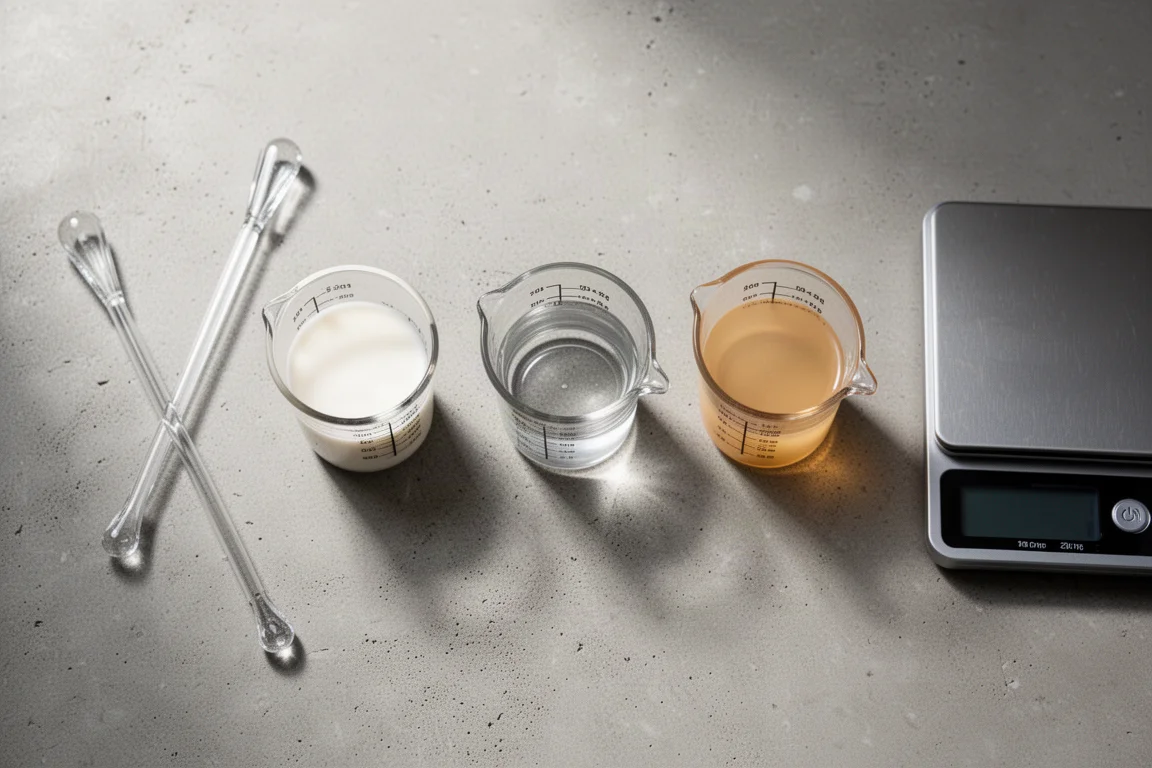 Overhead flat lay of three measuring cups holding dosing liquids beside a glass stirring rod