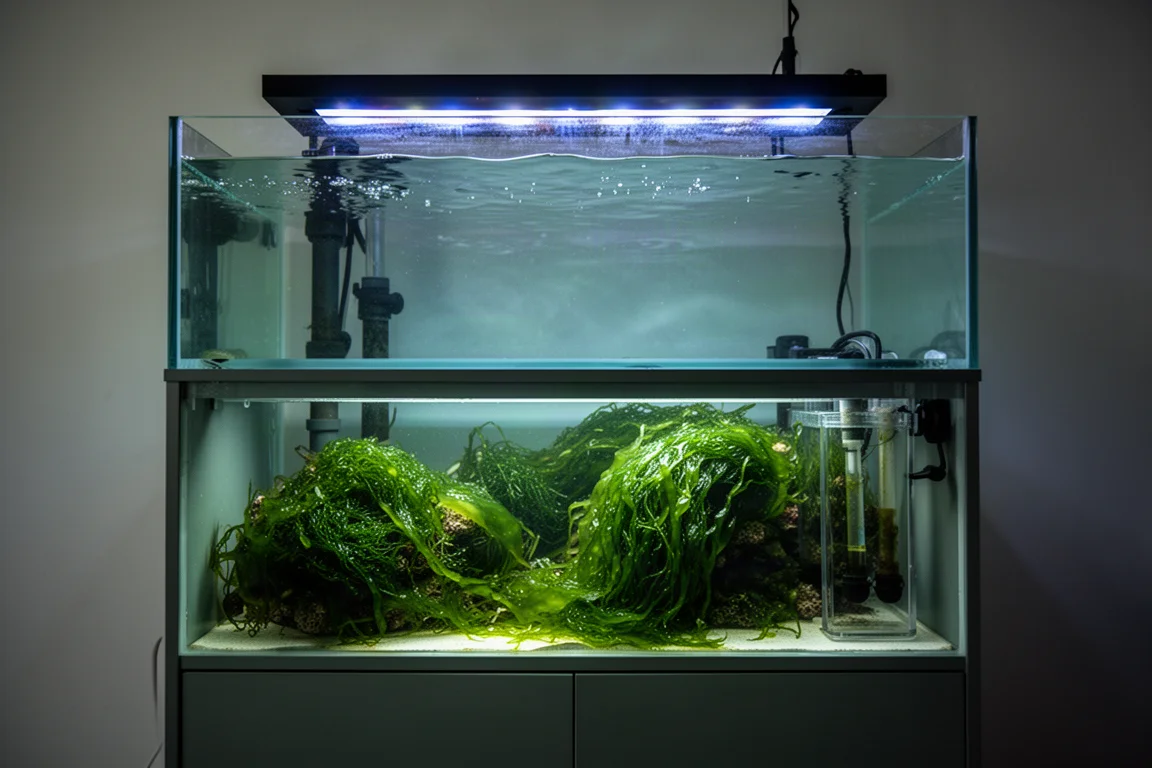 Reef tank refugium chamber filled with green macro algae under soft lighting