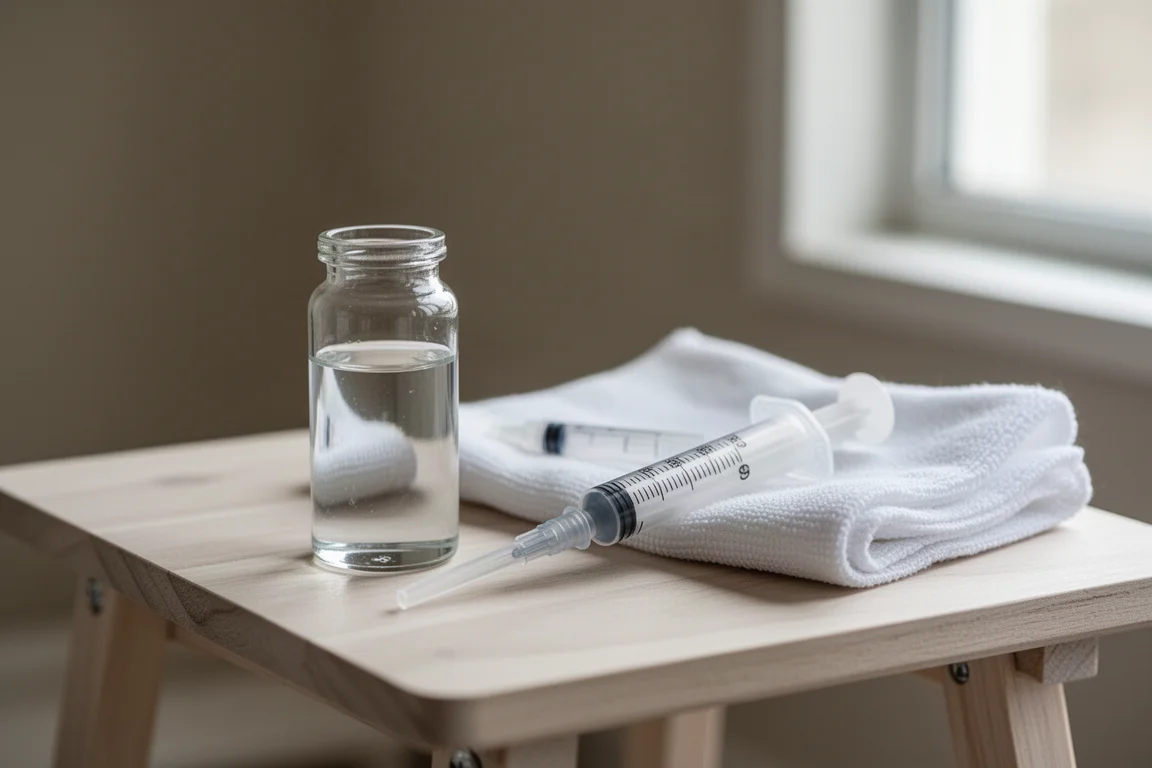 Glass test vial, syringe and folded cloth arranged for reef aquarium water testing