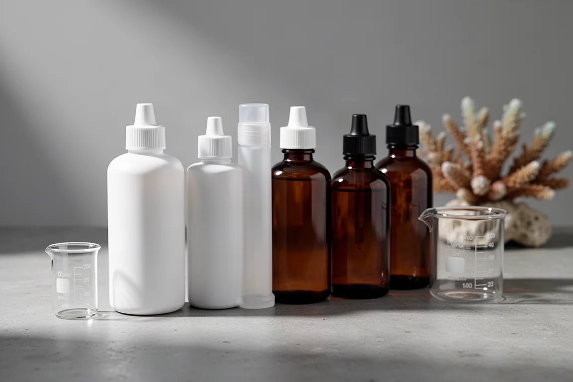 Reef dosing supplement bottles, beaker and measuring cup arranged on a concrete surface