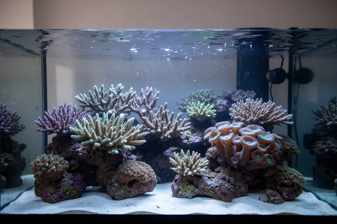 Corail dur branchu dans un aquarium récifal avec de fines particules dérivant dans un large courant
