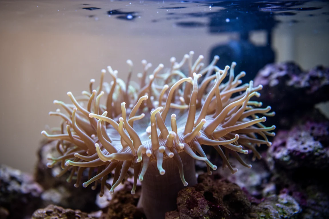 Corail LPS à longs tentacules ondulant régulièrement dans un courant d'aquarium large et diffus