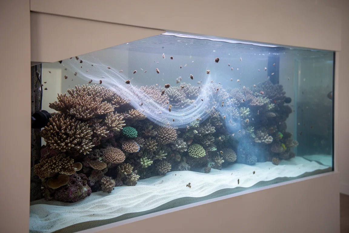 Vue de dessus du lit de sable d'un aquarium récifal avec des particules traceuses dérivant entre les structures rocheuses