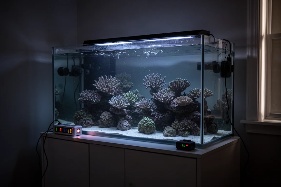 Vue à plat du matériel d'entretien pour aquarium récifal, dont une pompe trempant dans un seau de nettoyage