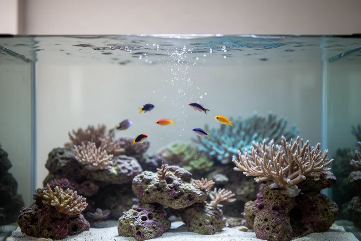 Peixe pequeno de recife subindo à superfície da água para se alimentar em um aquário raso