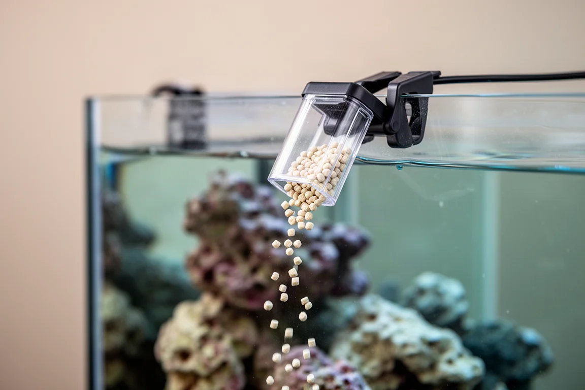Alimentador automático dispensando pellets em um aquário de recife