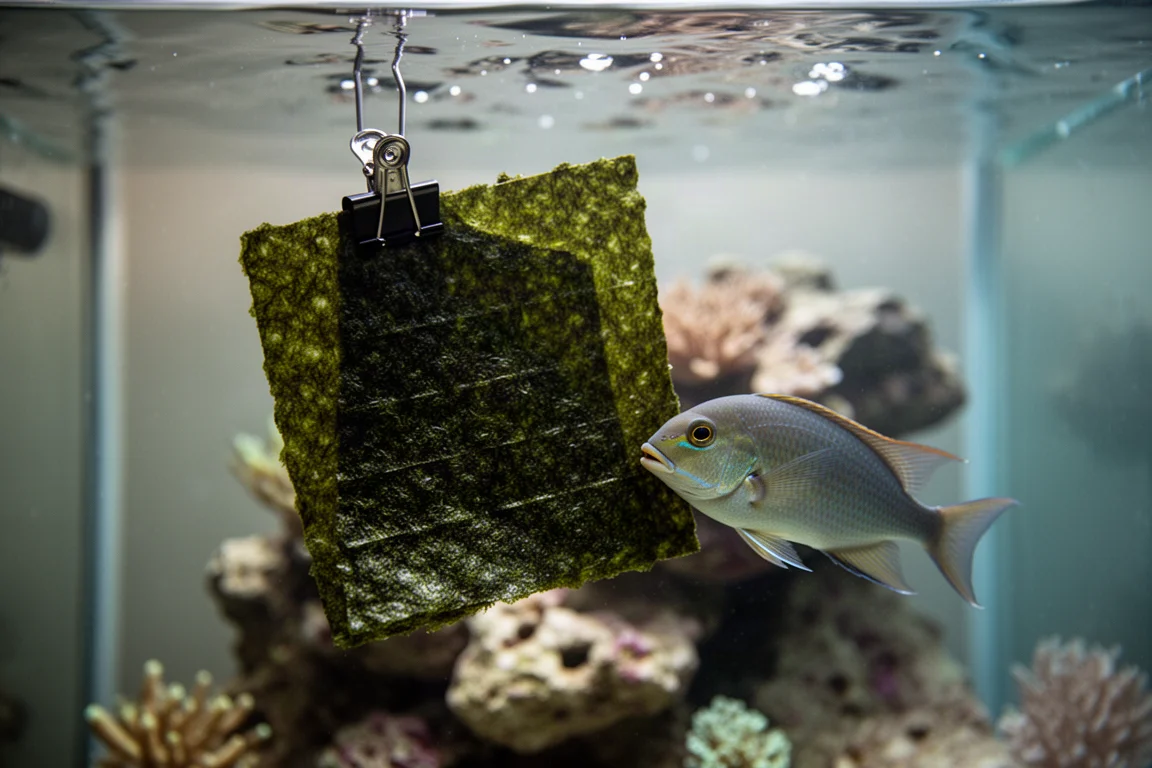 Peixe herbívoro se alimentando de uma folha de nori dobrada presa em um clipe