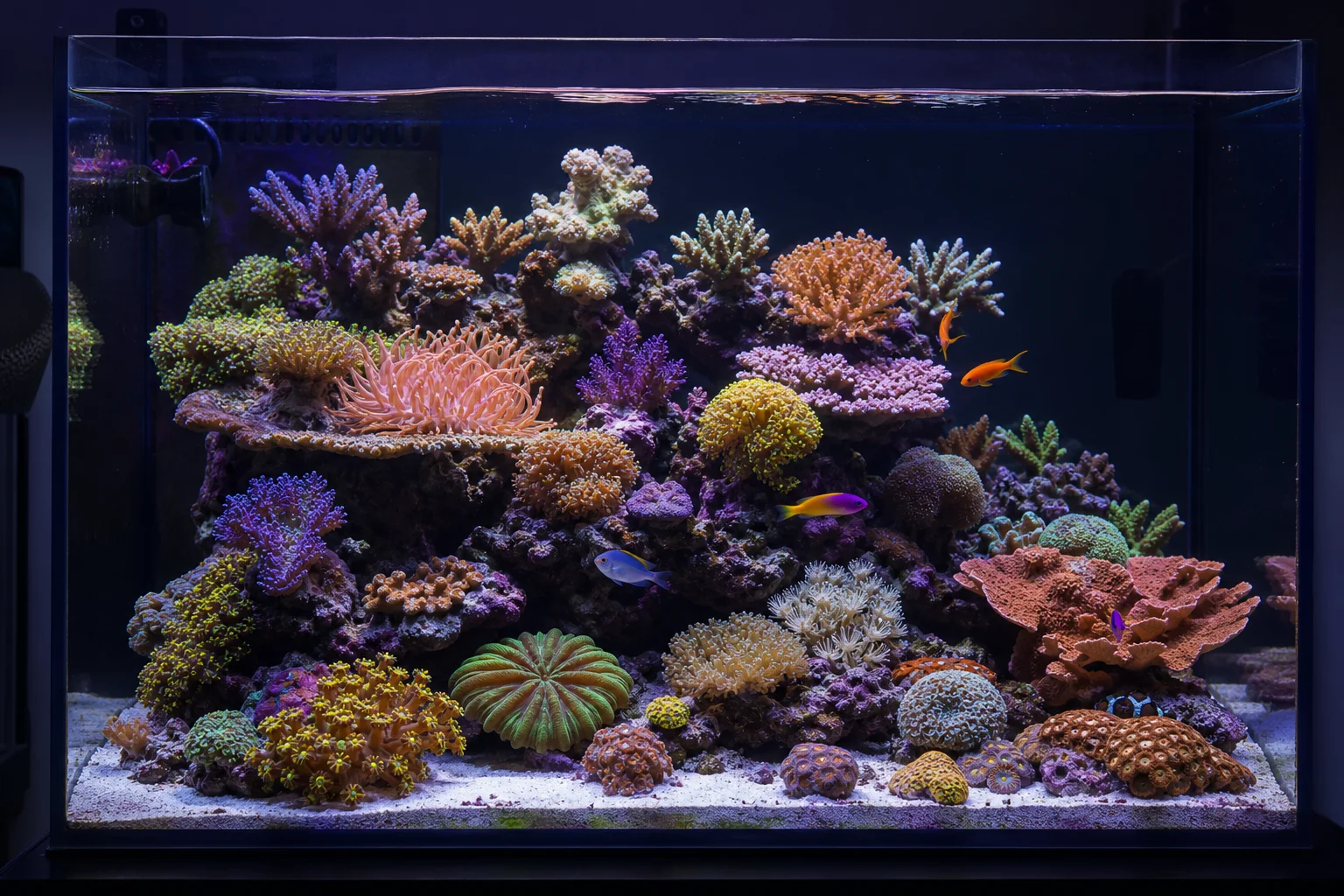 Reef tank with corals showing healthy polyp extension and coloration
