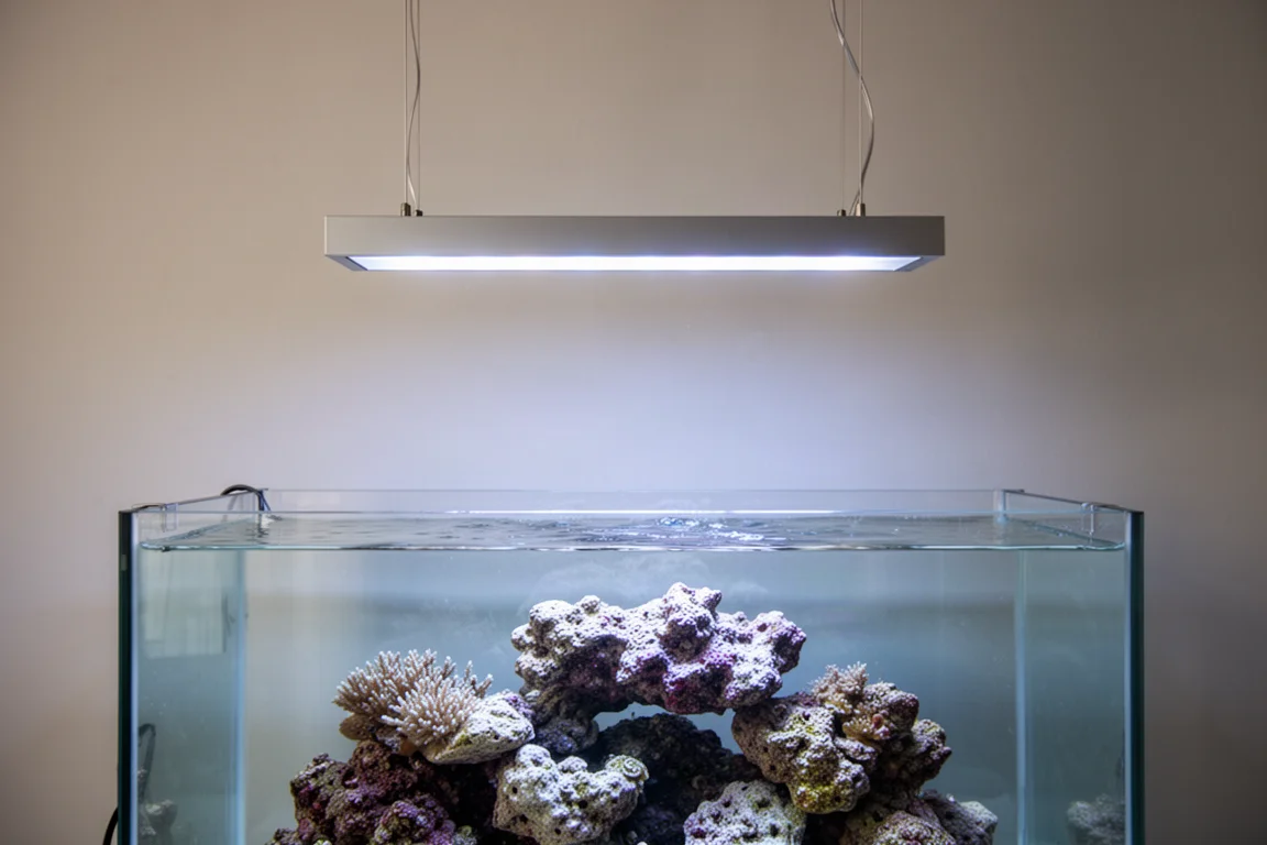 Lampa LED do akwarium zawieszona wysoko nad otwartym zbiornikiem rafowym na cienkich linkach