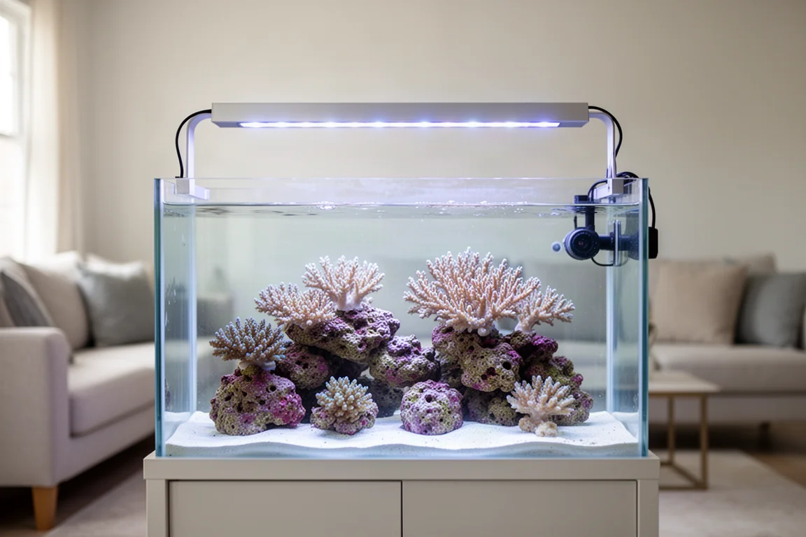 Reef aquarium lit by a low-profile LED bar with soft corals on live rock