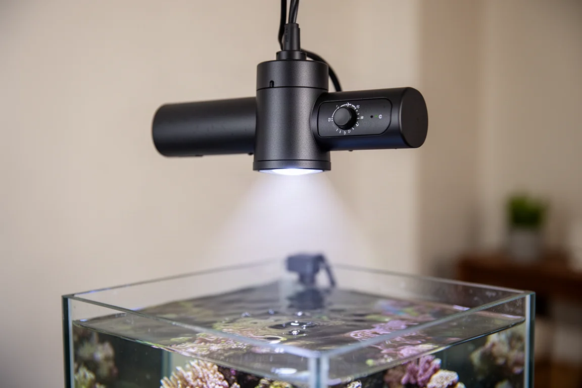 Hand adjusting a light control dial above a small saltwater aquarium