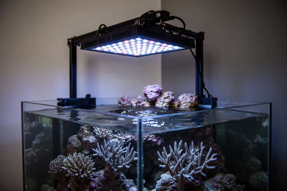 Aquarium LED fixture angled on a bracket over a coral reef tank