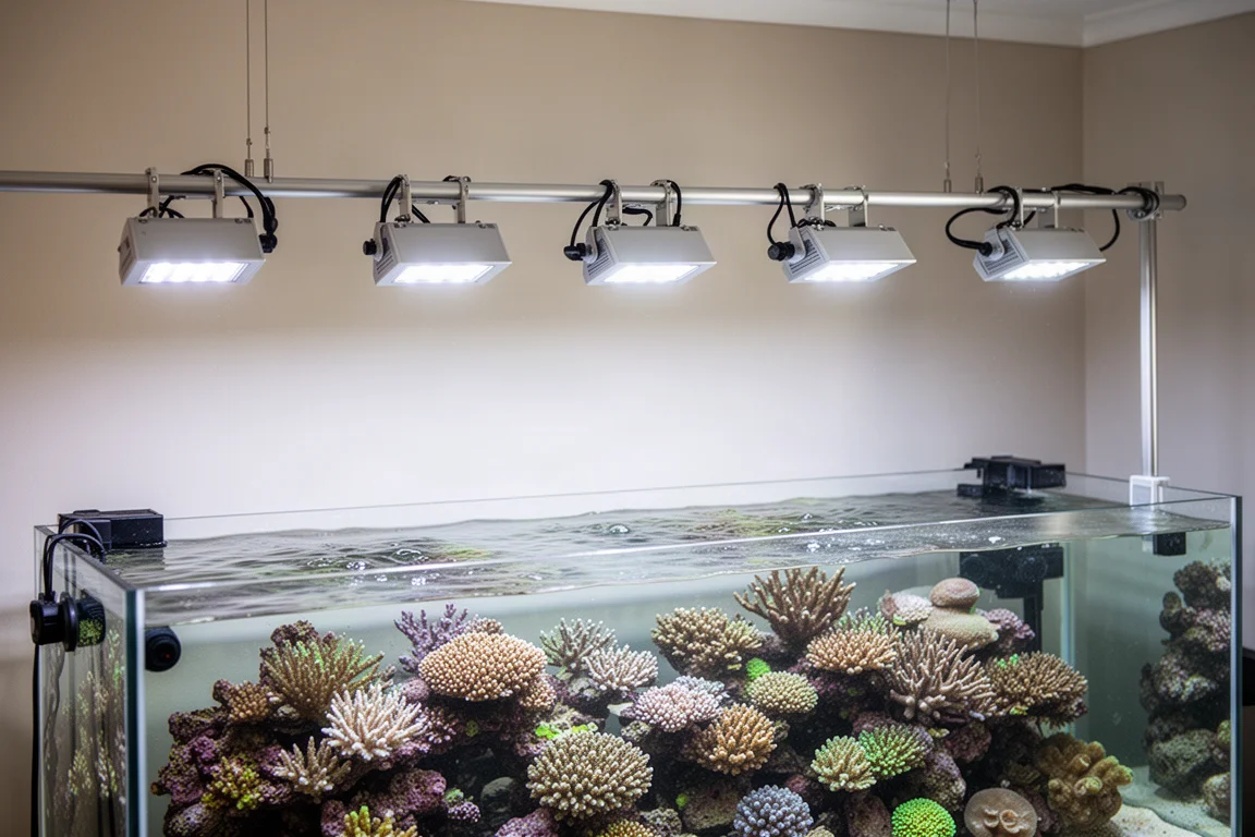 Row of reef aquarium lights mounted on a rail above a large tank