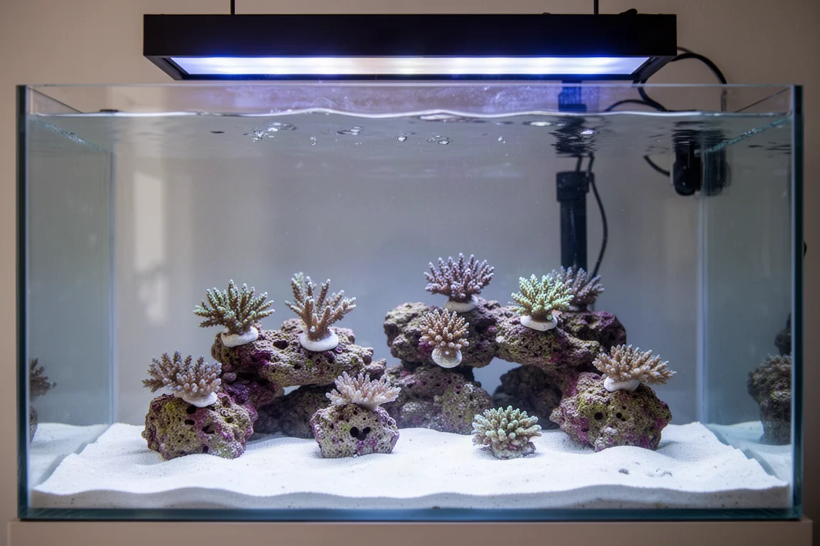 从正面拍摄的浅水珊瑚缸,明亮洁白的砂床与岩景上的珊瑚清晰可见