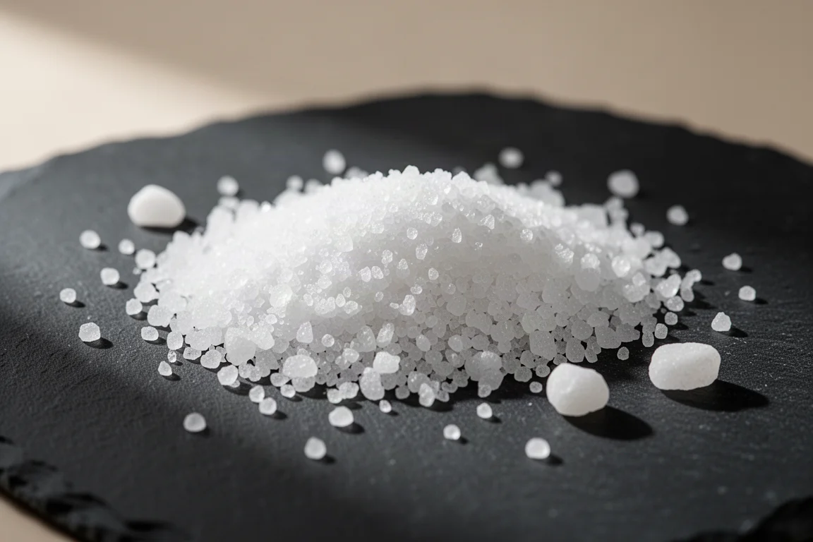 粗颗粒白色文石砂散布在深色表面上的微距特写