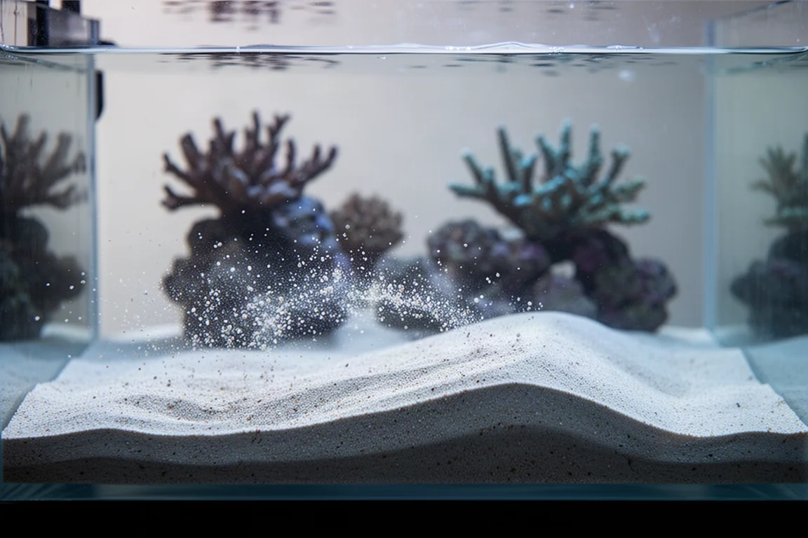 细幼的浅色砂在珊瑚缸浅层水流中飘动