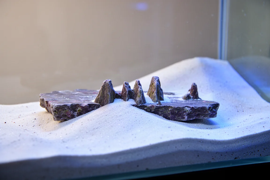 低矮的平整岩石部分埋在水族砂中,紧贴前玻璃摆放