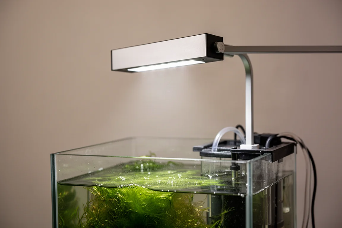 Kompakte LED-Refugiumleuchte über einem Filterbecken montiert