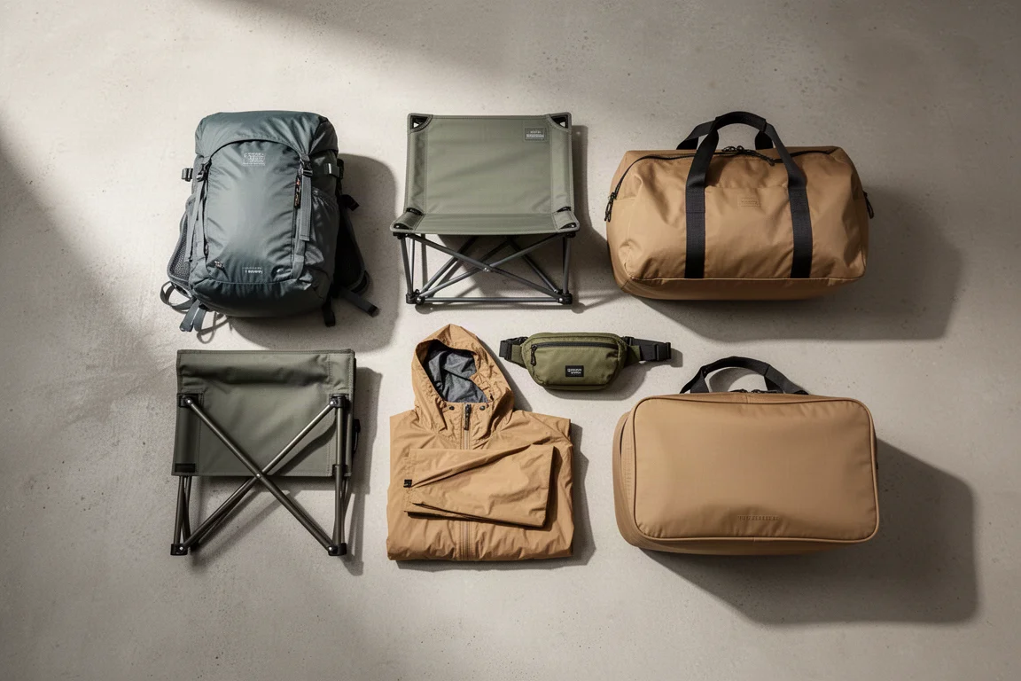 Flat-lay of outdoor gear including a backpack, camp chair, rain jacket and duffel on concrete
