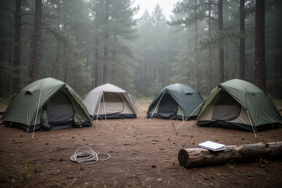 Clairière de camping avec plusieurs tentes montées et du matériel posé sur une souche