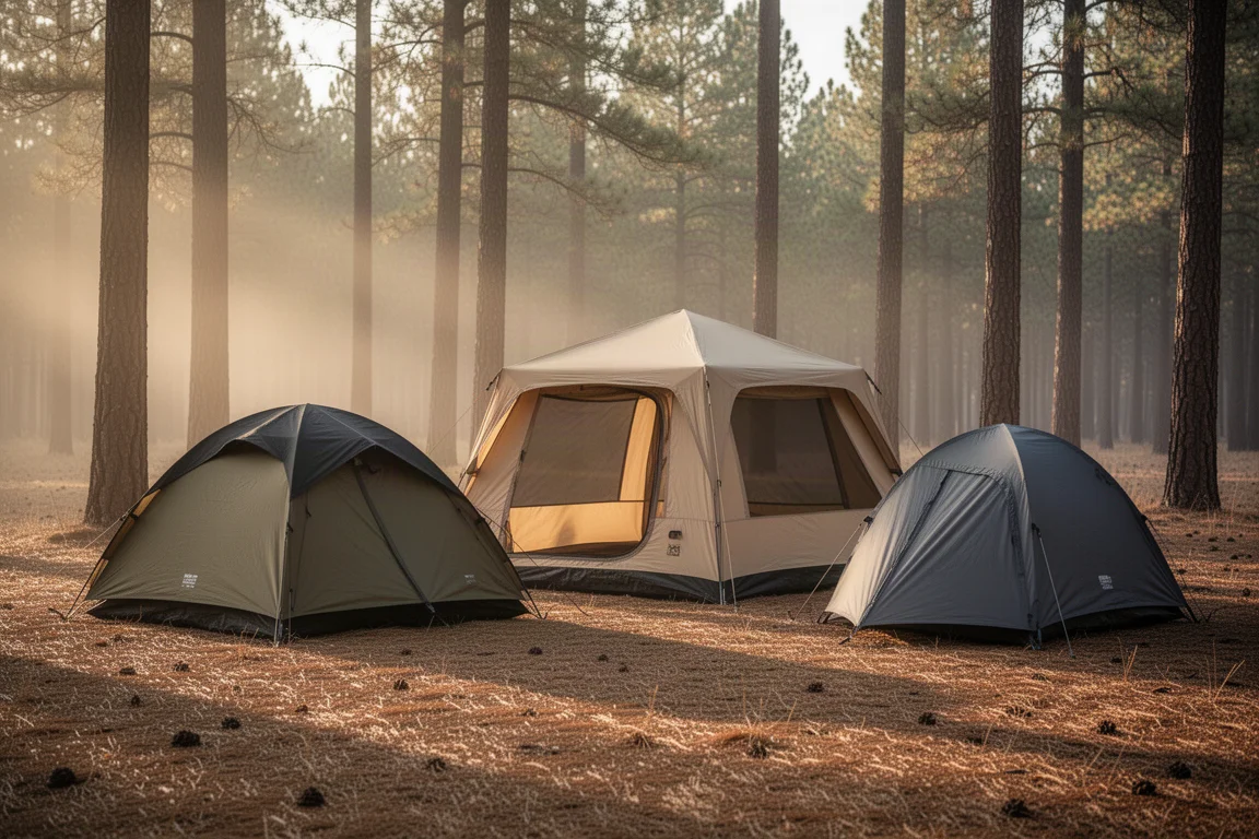 Three camping tents pitched side by side in a forest clearing at golden hour