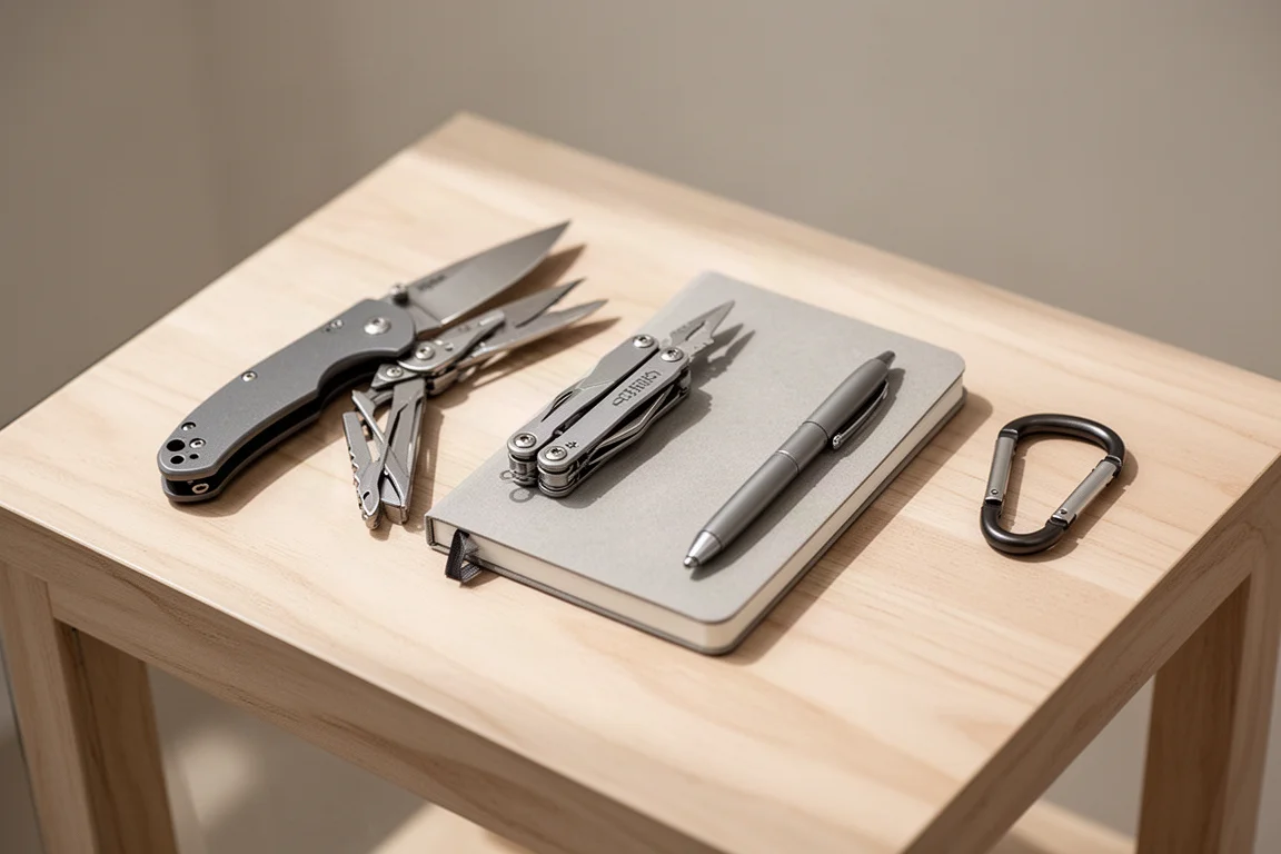 Stół w sklepie outdoorowym z zestawem sprzętu everyday carry rozłożonym do wyboru