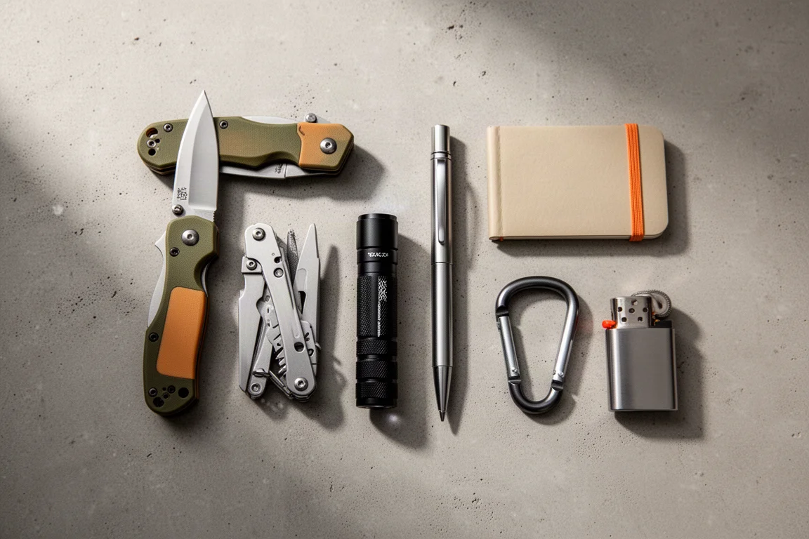 Flat-lay of everyday carry gear including a knife, multi-tool, flashlight, pen, notebook, carabiner, and lighter