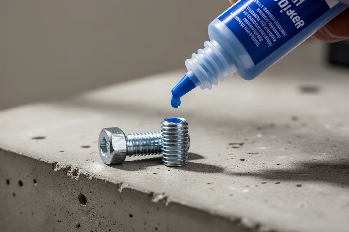 Blue threadlocker being applied to the threads of a steel bolt on a workbench