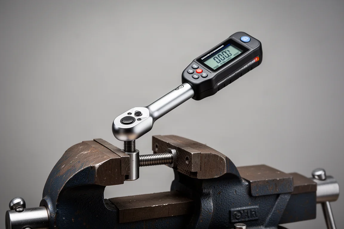 Digital torque wrench attached to a clamped bolt fixture on a workbench