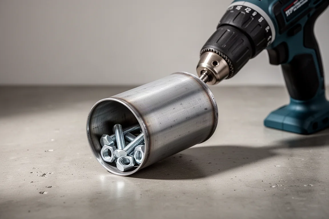 Bolts and nuts in a metal canister mounted on a drill for vibration testing
