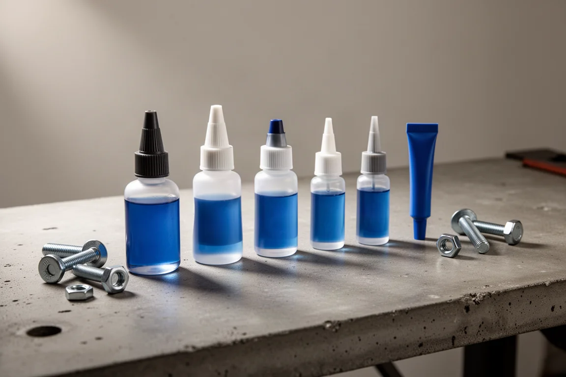 Lineup of six blue threadlocker bottles on a concrete workbench with steel bolts
