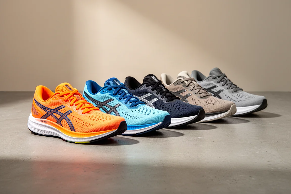 Row of modern running shoes on a matte concrete surface