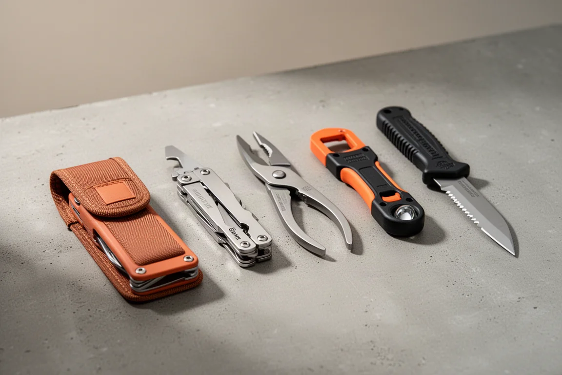 Six rescue and multi-tools arranged on a matte concrete surface