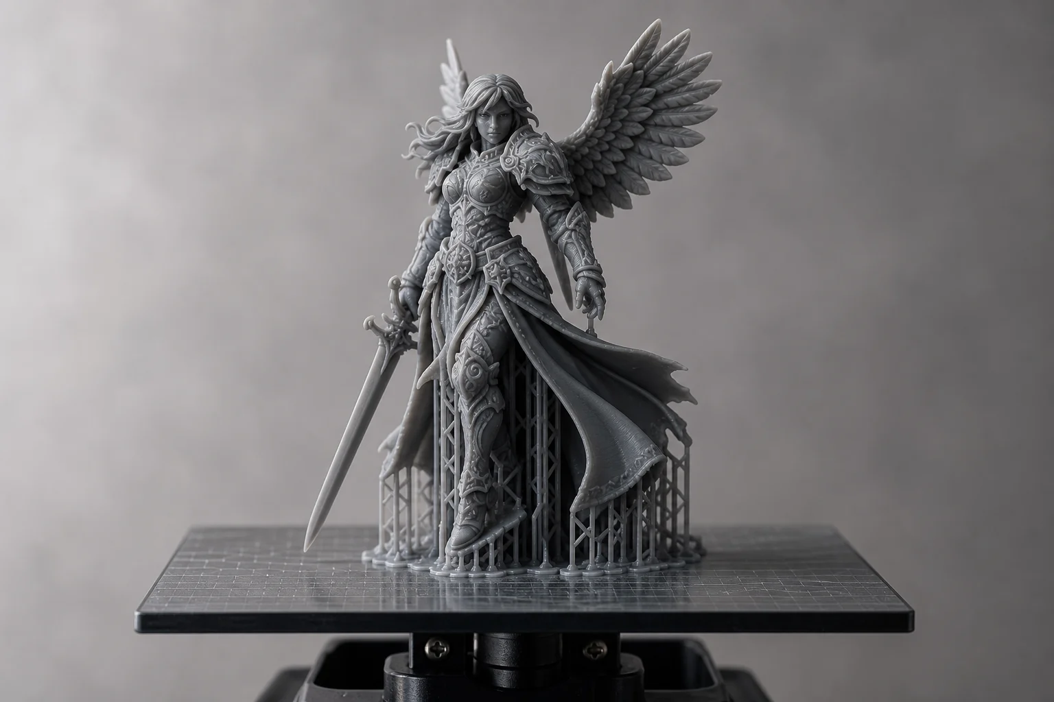 Resin printer build platform with completed detailed miniature model and support structures