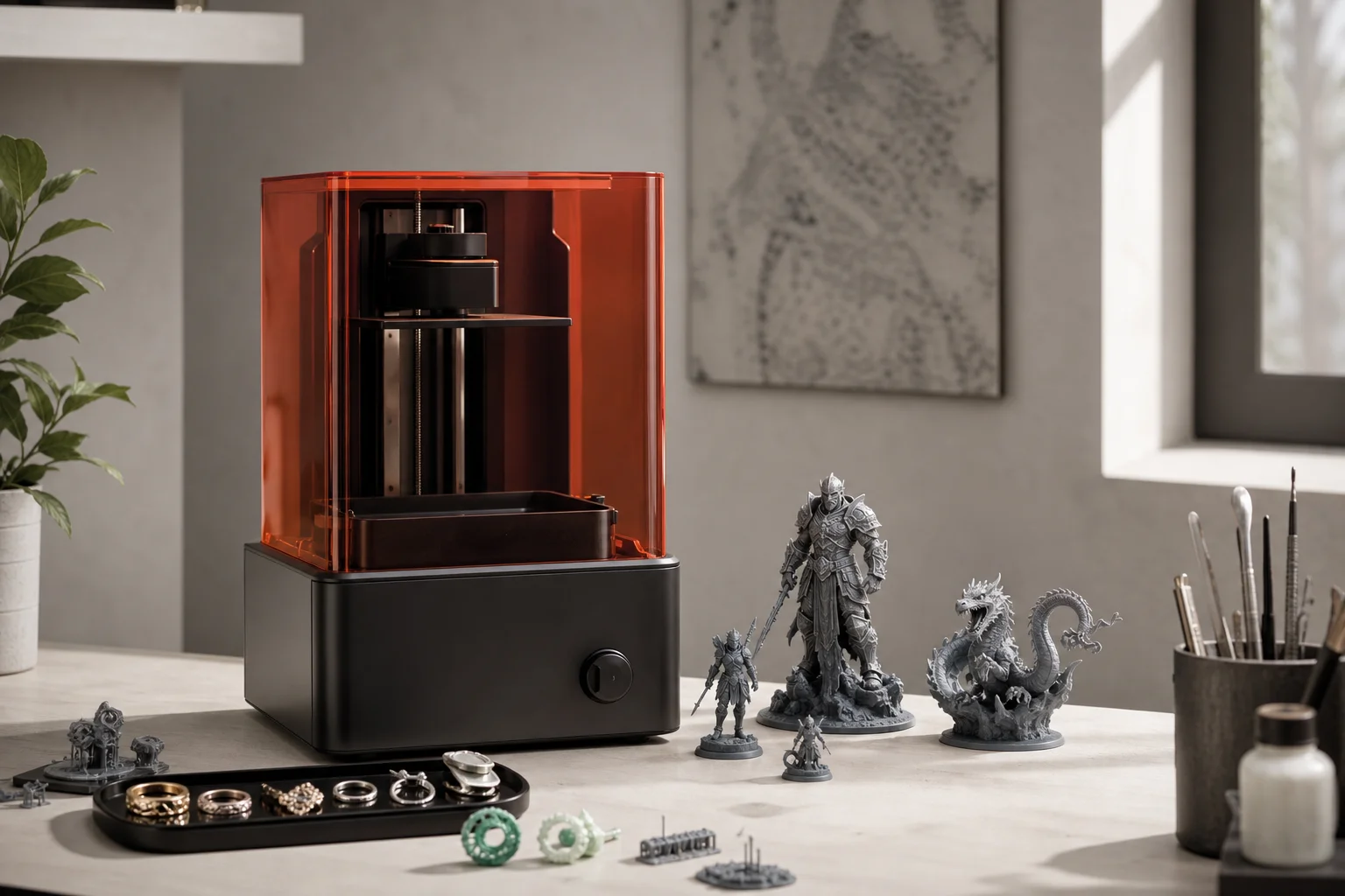 Compact desktop resin printer on a workspace with finished miniature models displayed