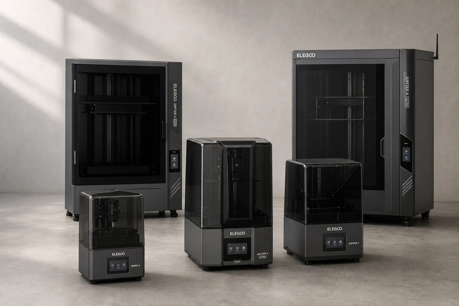 Collection of five resin printers arranged by size on a concrete surface
