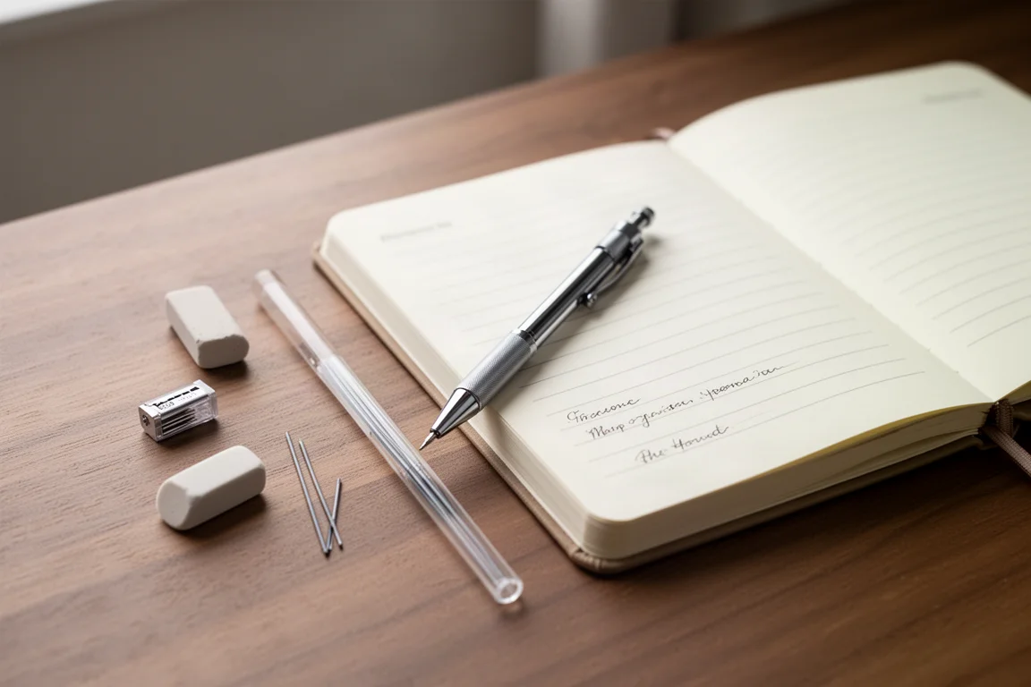 Druckbleistift und handschriftliche Notizen auf einem Holztisch neben einem Notizbuch