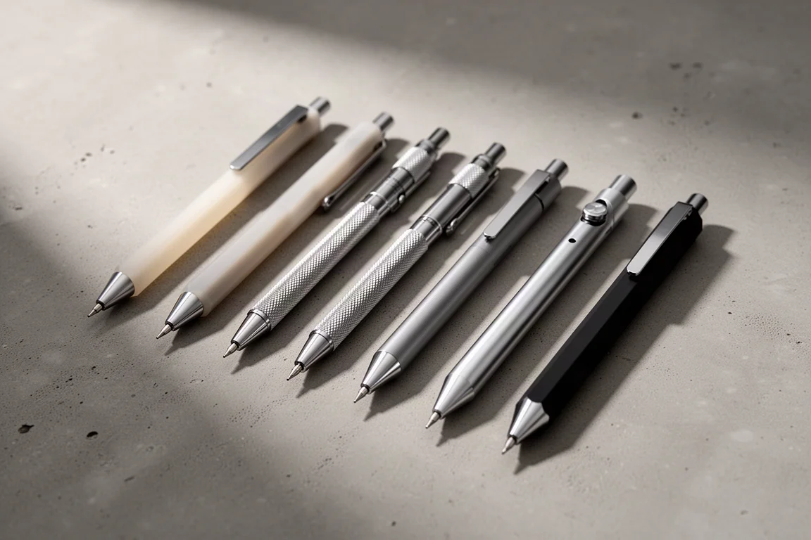 Dieci matite meccaniche dai design vari disposte in diagonale su cemento