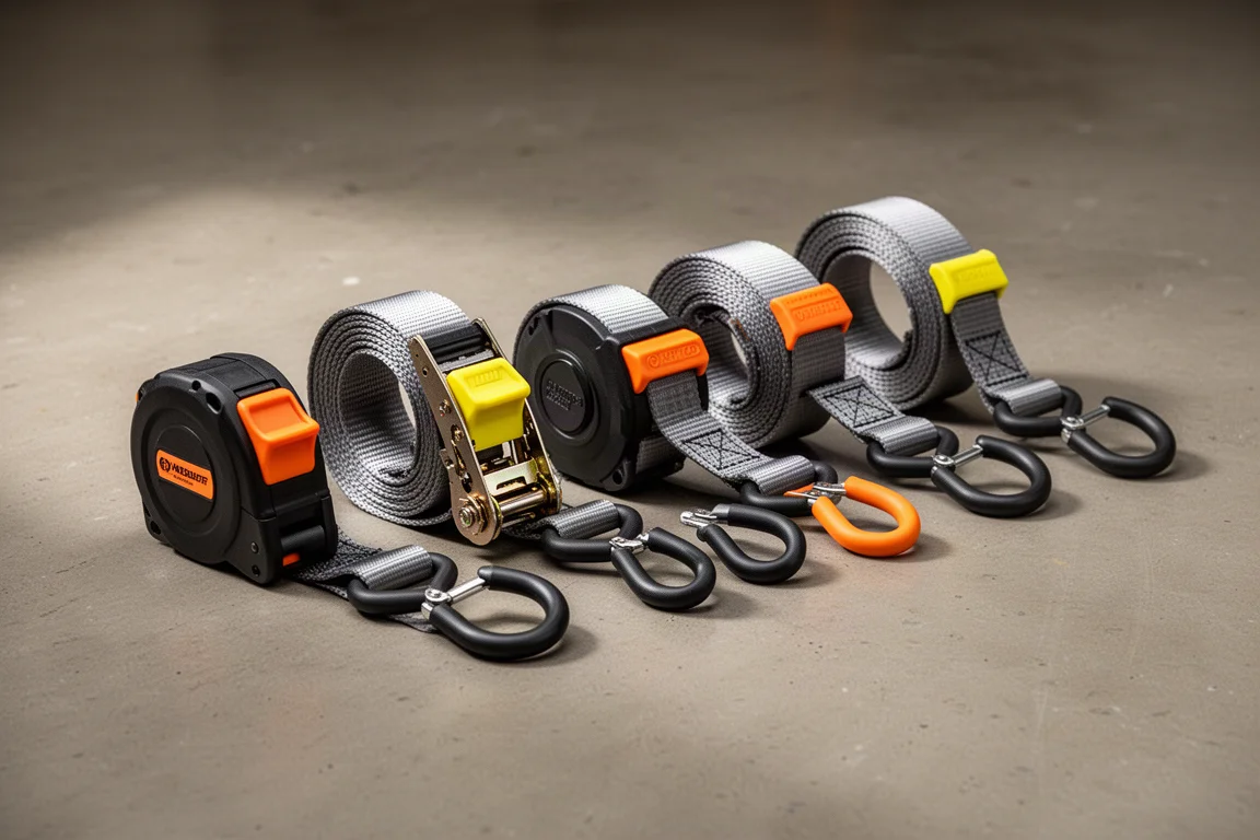 Row of retractable ratchet straps with coiled webbing and S hooks on concrete