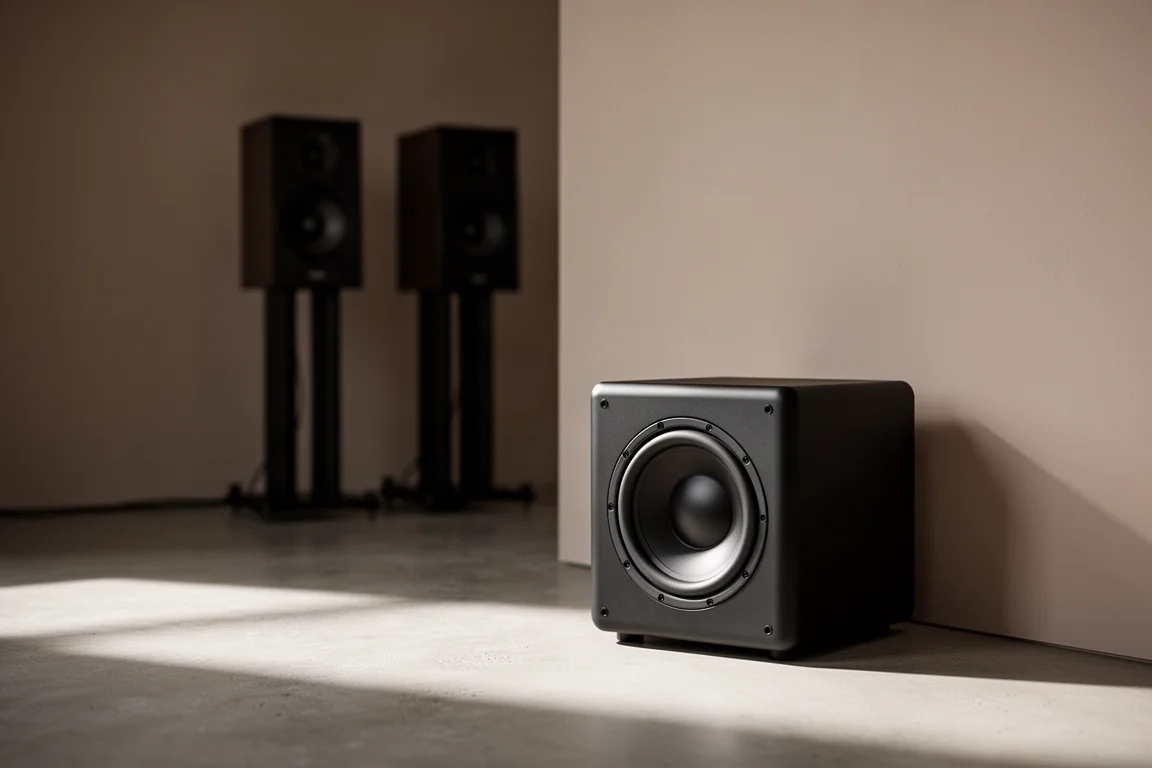 Kompakter Subwoofer in der Ecke eines Hörraums mit Lautsprechern im Hintergrund
