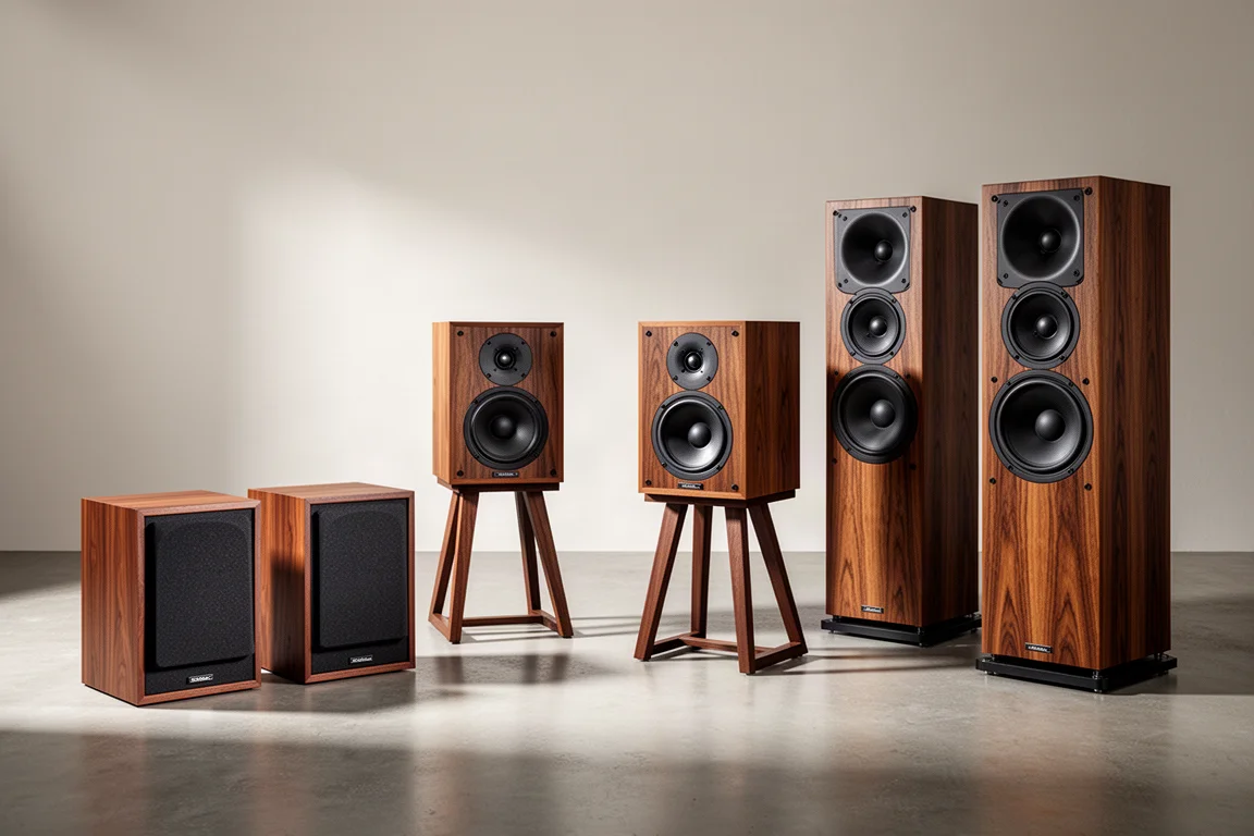 Six retro-styled hi-fi speakers arranged on a concrete floor in a bright listening room