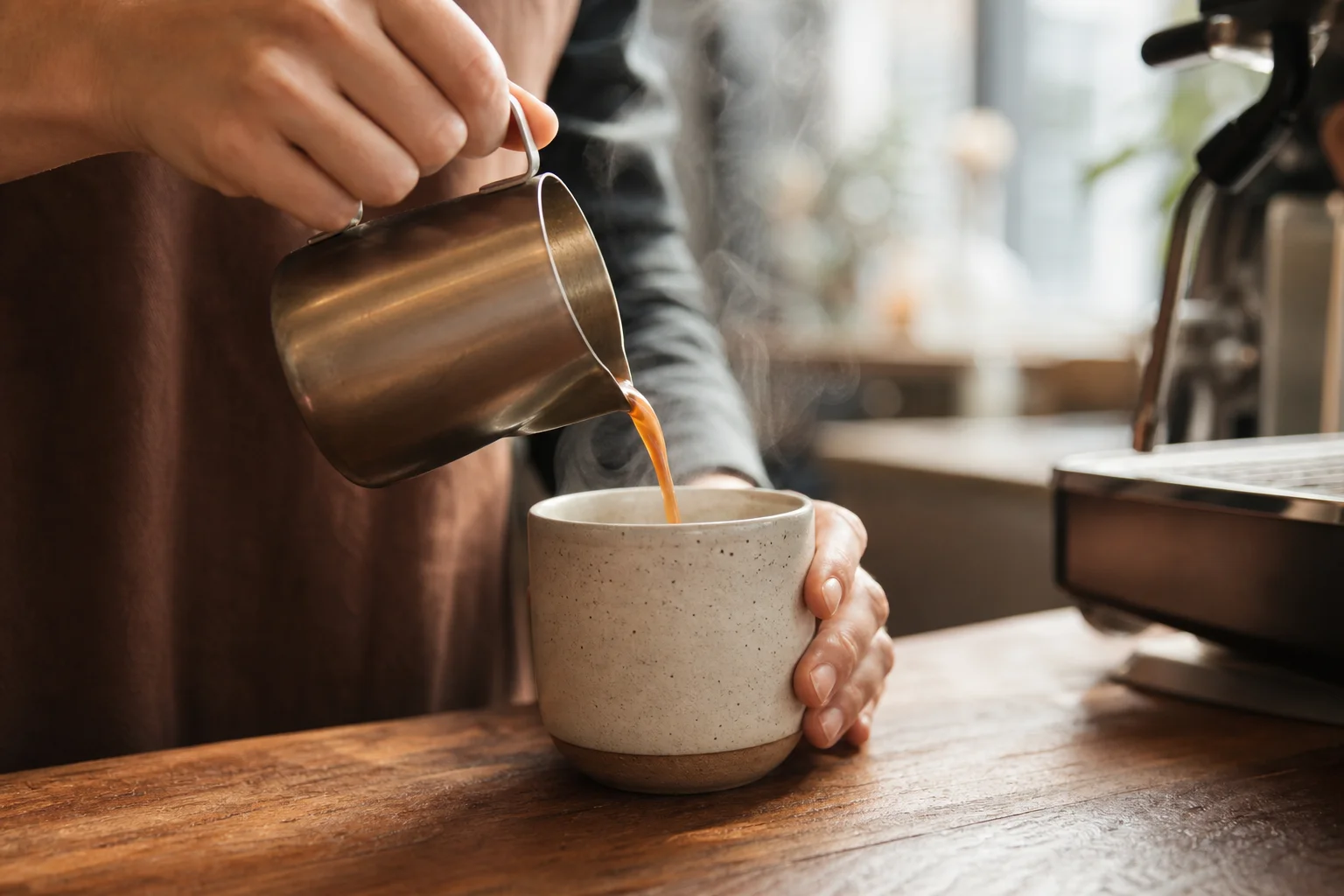 Barista gießt Espresso in einen wiederverwendbaren Becher an einer Kaffeetheke mit Dampf