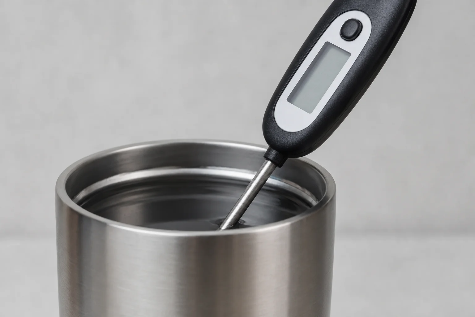 Digitales Thermometer misst die Temperatur in einem Reisebecher aus Edelstahl