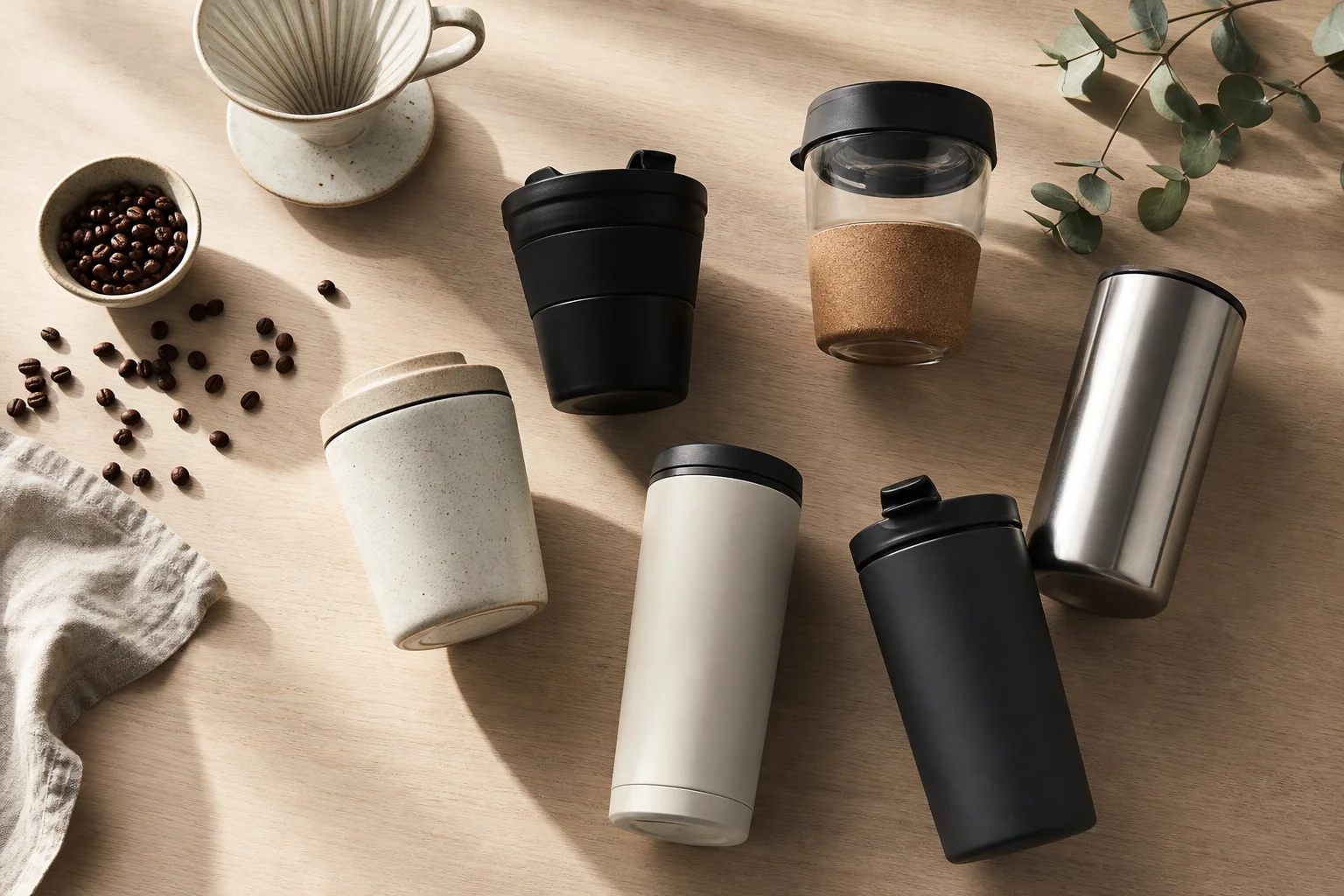 Draufsicht auf wiederverwendbare Kaffeebecher auf einem Schreibtisch mit Handfilter und Kaffeebohnen