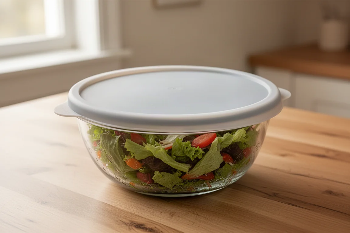 Silikondeckel verschließt eine Glasschale mit frischem Essen auf einer Küchenarbeitsplatte