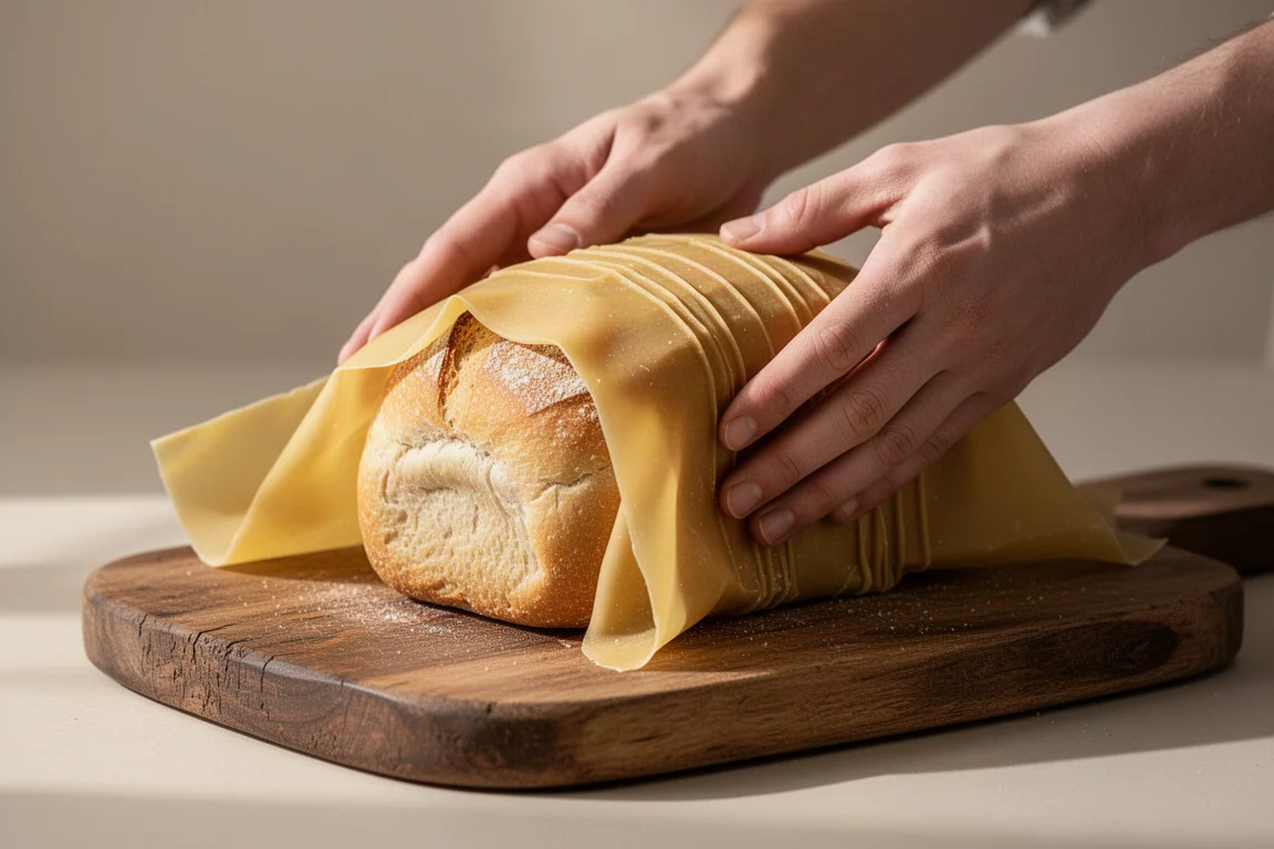 Bienenwachstuch wird um ein Stück Brot zwischen den Händen erwärmt