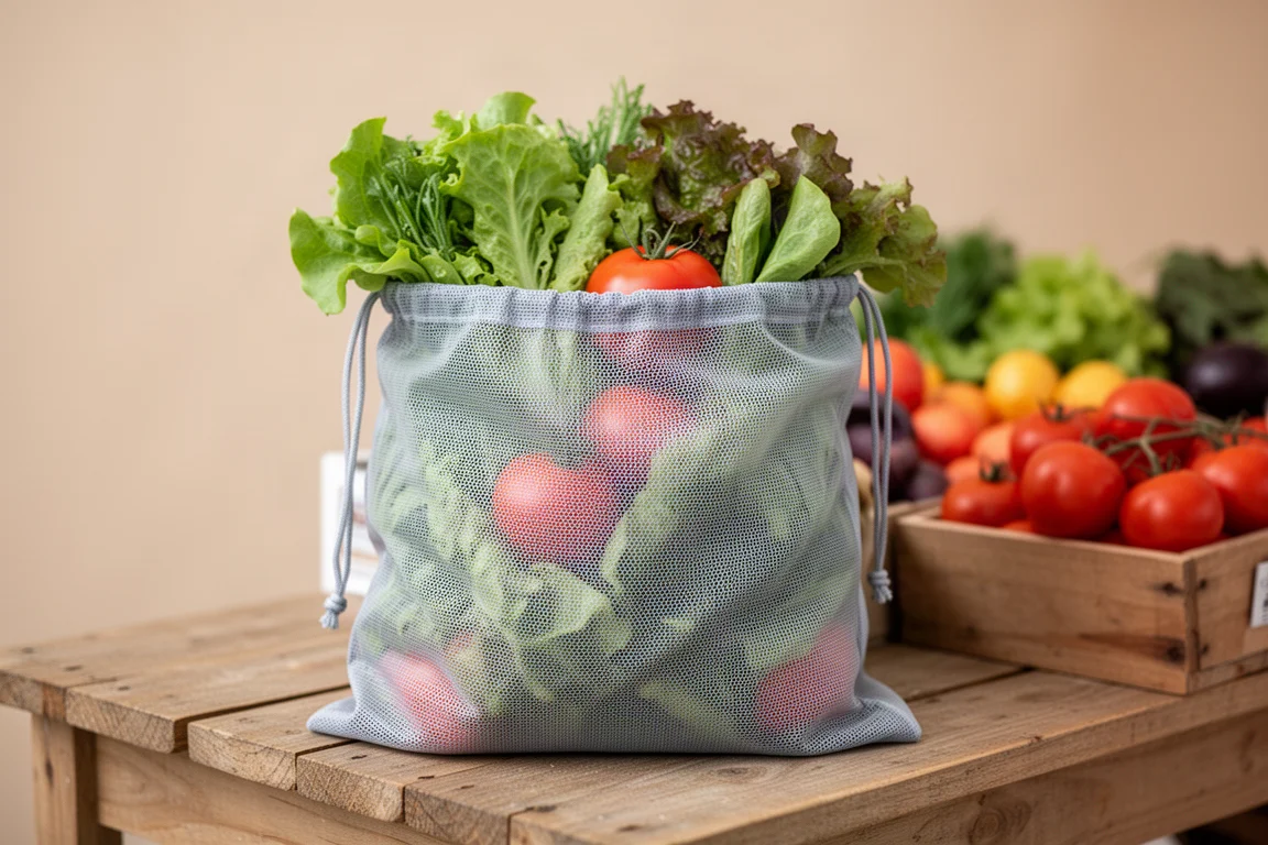 Netzbeutel für Obst und Gemüse, gefüllt mit Gemüse, an einem Marktstand