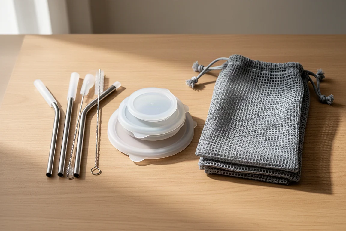 Reusable straws, silicone lids, and mesh produce bags arranged on a wooden surface