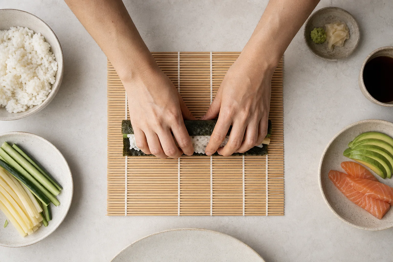 Mani che preparano involtini di sushi con riso cotto alla perfezione su una stuoia di bambù