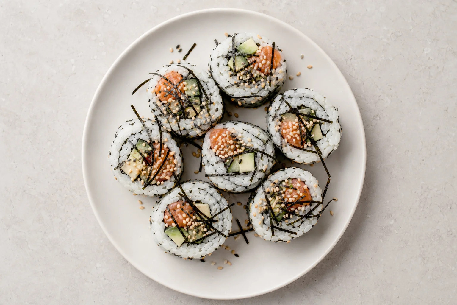 Piatto di sushi finito con involtini disposti su un piatto in ceramica